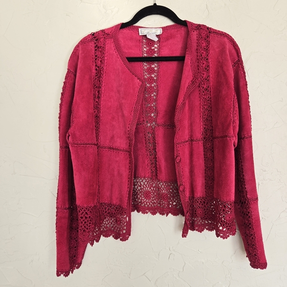 Vintage Suede Leather Crochet Rasberry Pink Jacket - Picture 3 of 12